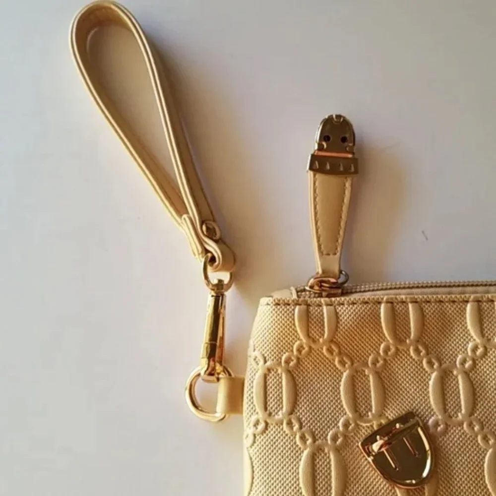 Gold Metallic Crosshatch Embossed Monogram Wristlet Pouch Zip Top Clutch Wallet